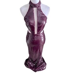 La Femme High Neck Sequin Cutout Gown in Wine 24595 Size 2 Full Length Dress